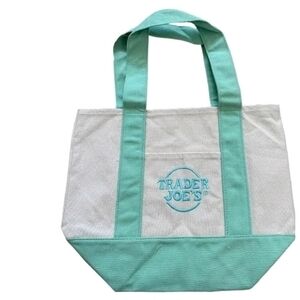 Trader Joe's Mini Cream and Aqua Green Canvas Tote Bag